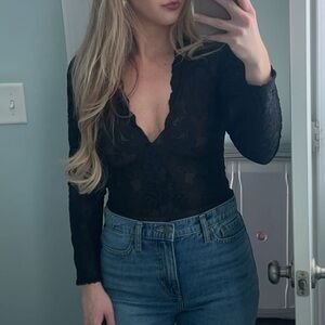 Tadashi shoji navy lace Bodysuit Top mesh see through long sleeve blouse revolve